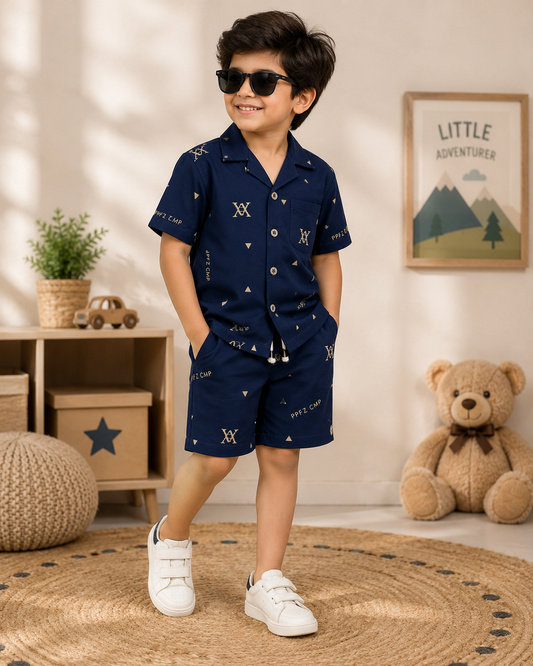 Boys Navy Blue Monogram & Triangle Print Shirt & Shorts Co-ord Set
