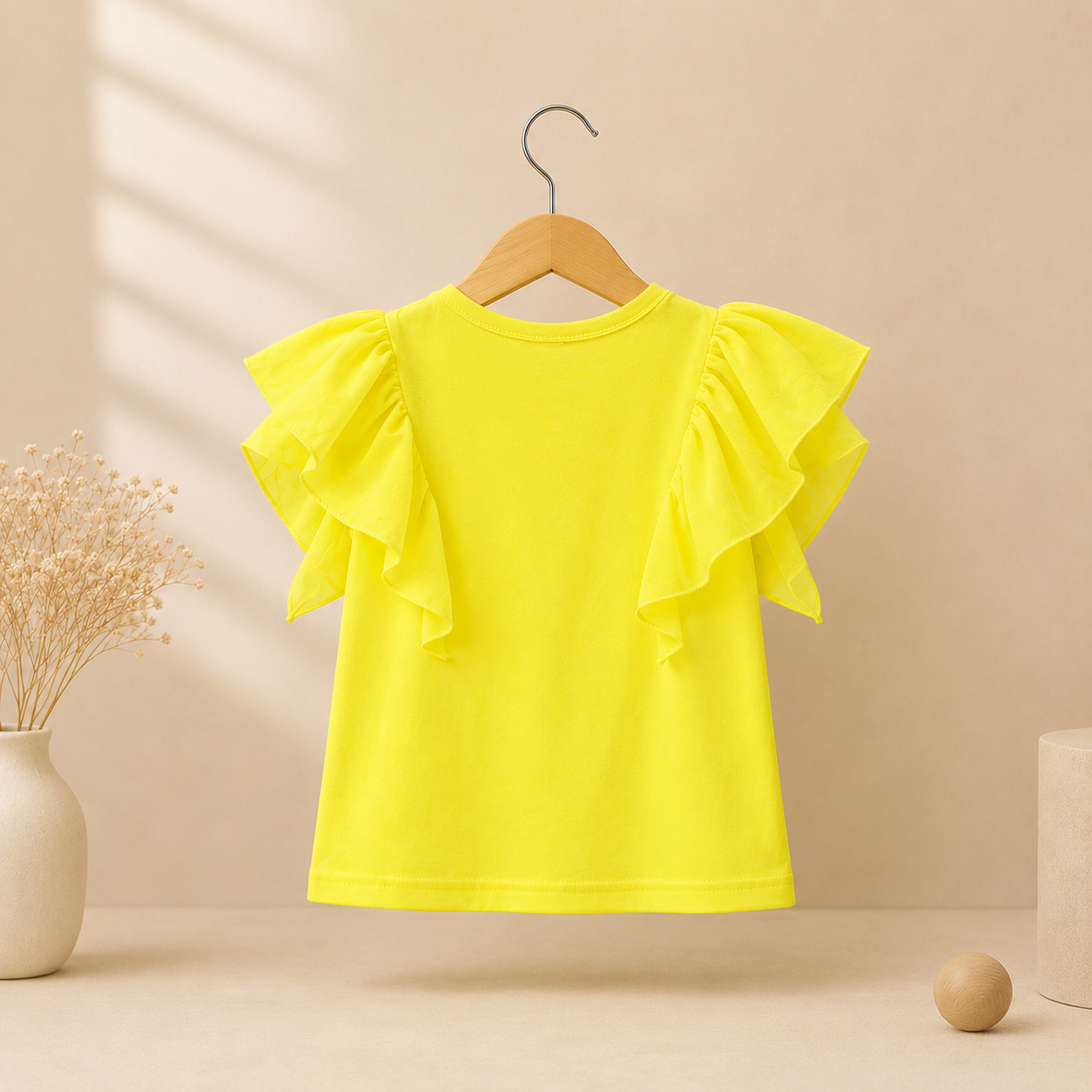 Girls Yellow Ruffle Sleeve Pearl & Bow Detail Top