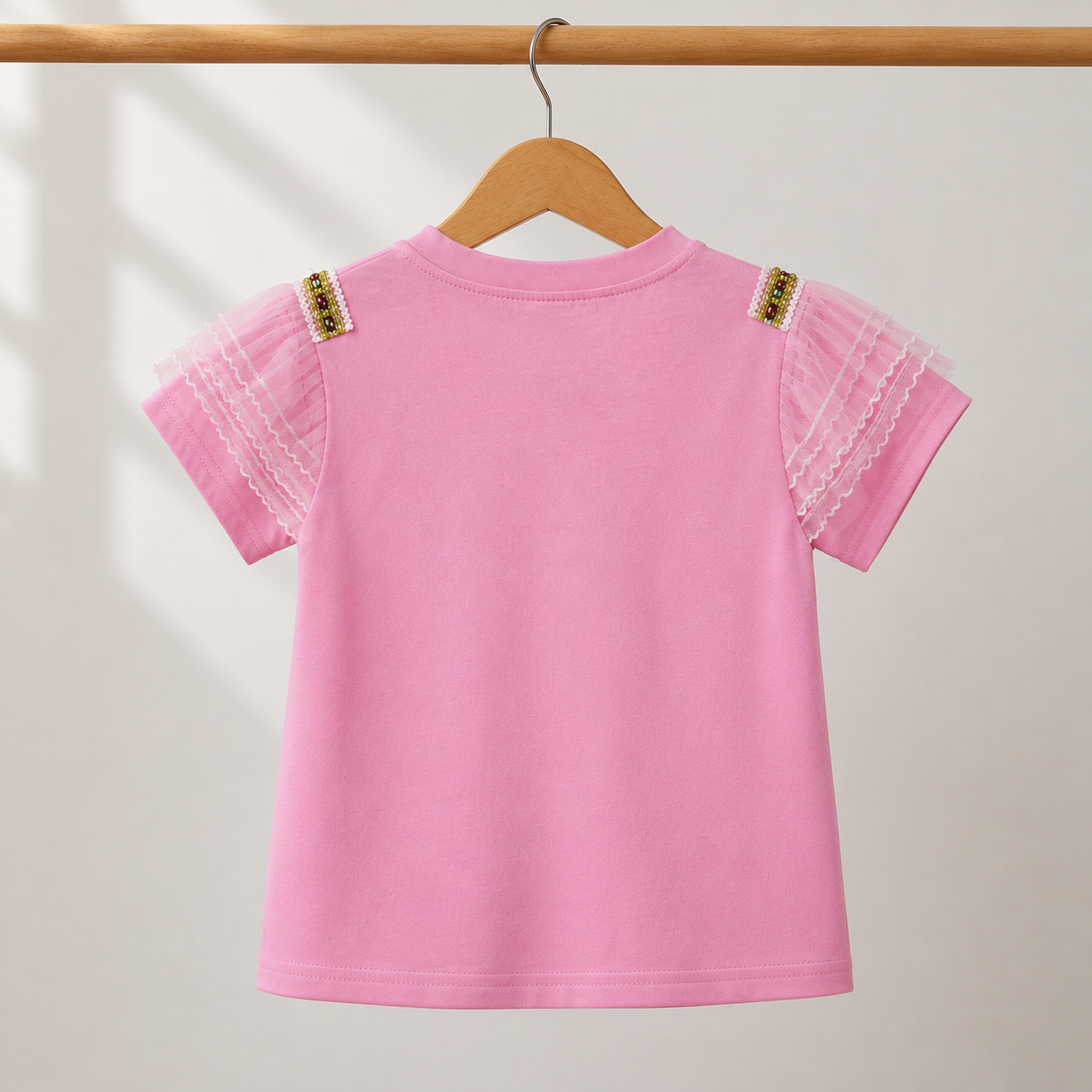 Girls Pink V-Ruffle Lace & Gold Bead Trim Top