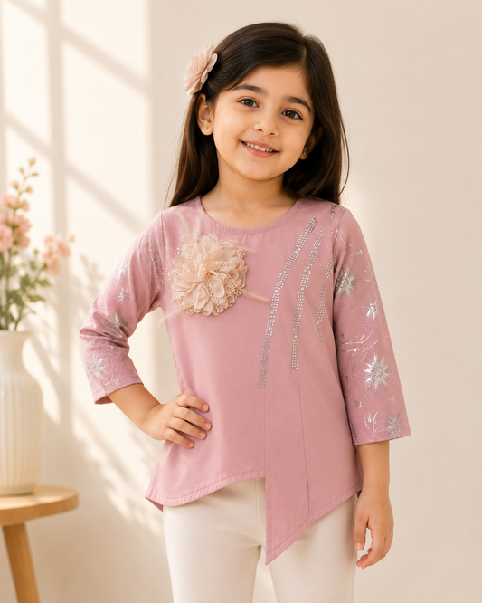 Girls Dusty Pink Celestial Print Asymmetric Top