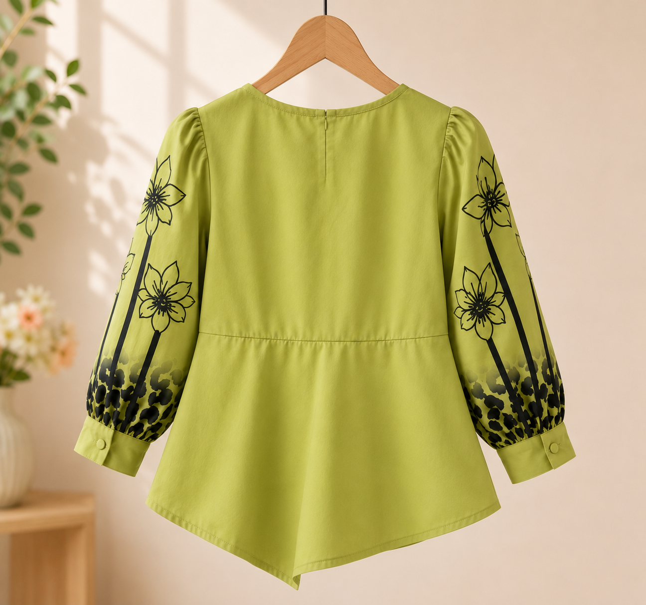 Girls Olive Green Floral Embroidered Peplum Top