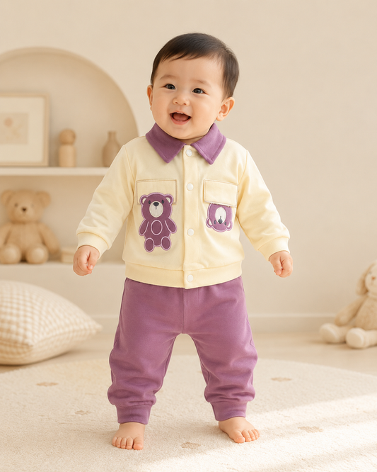 Baby Cream & Purple Teddy Bear Appliqué Jacket & Jogger Pants Set
