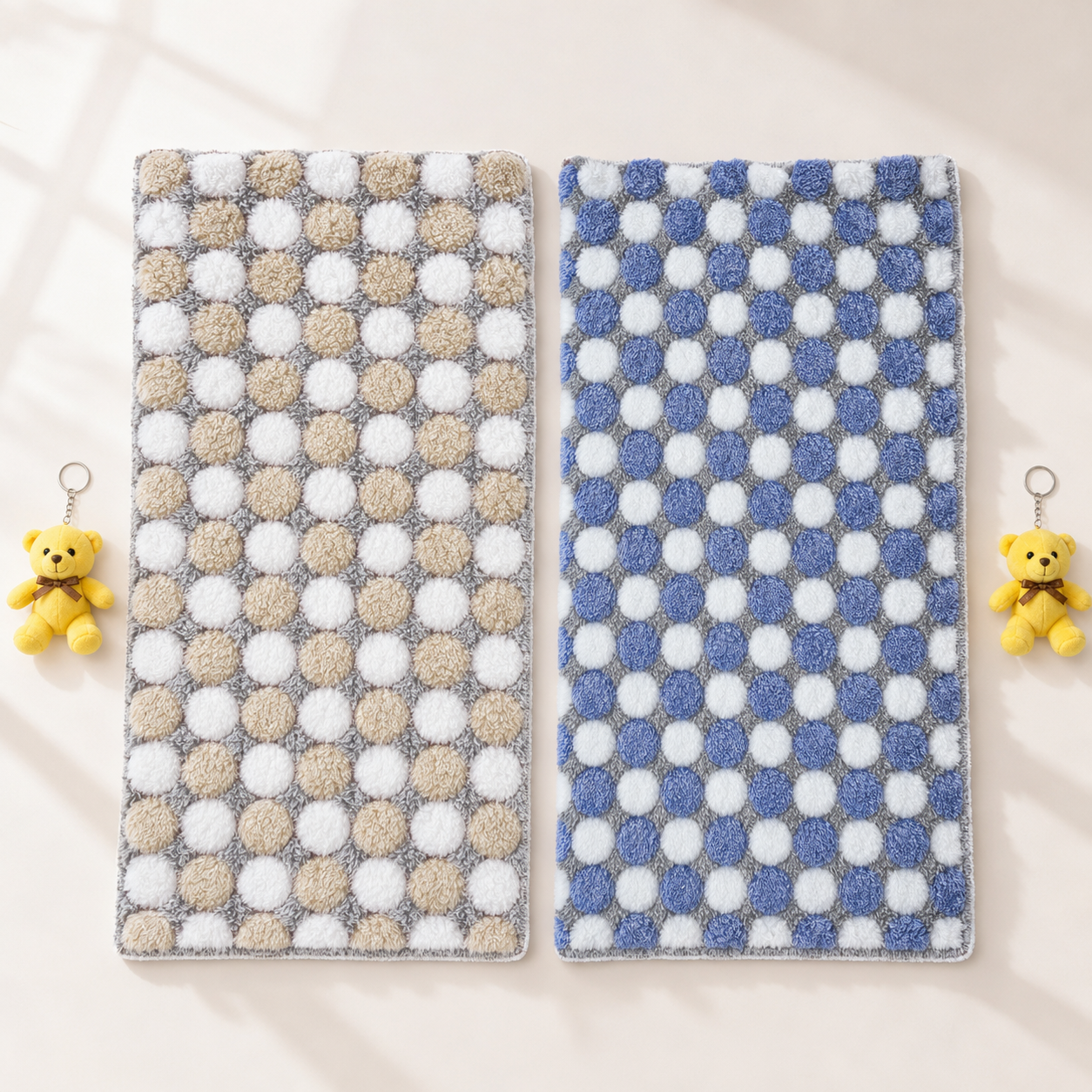 Checkerboard Pom-Pom Texture Fluffy Baby Blanket with Satin Ribbon Bow & Bear Keychain Gift Set