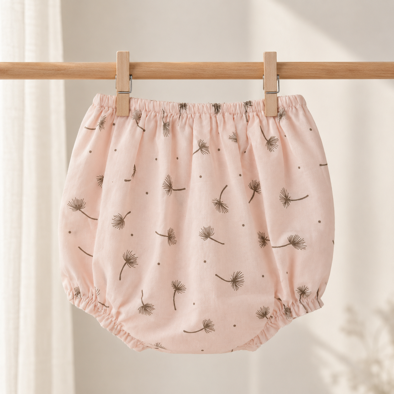 Baby Girls Blush Pink All-Over Dandelion Print Bee & Wildflower Embroidered Flutter Sleeve A-Line Top & Bloomers 2-Piece Set