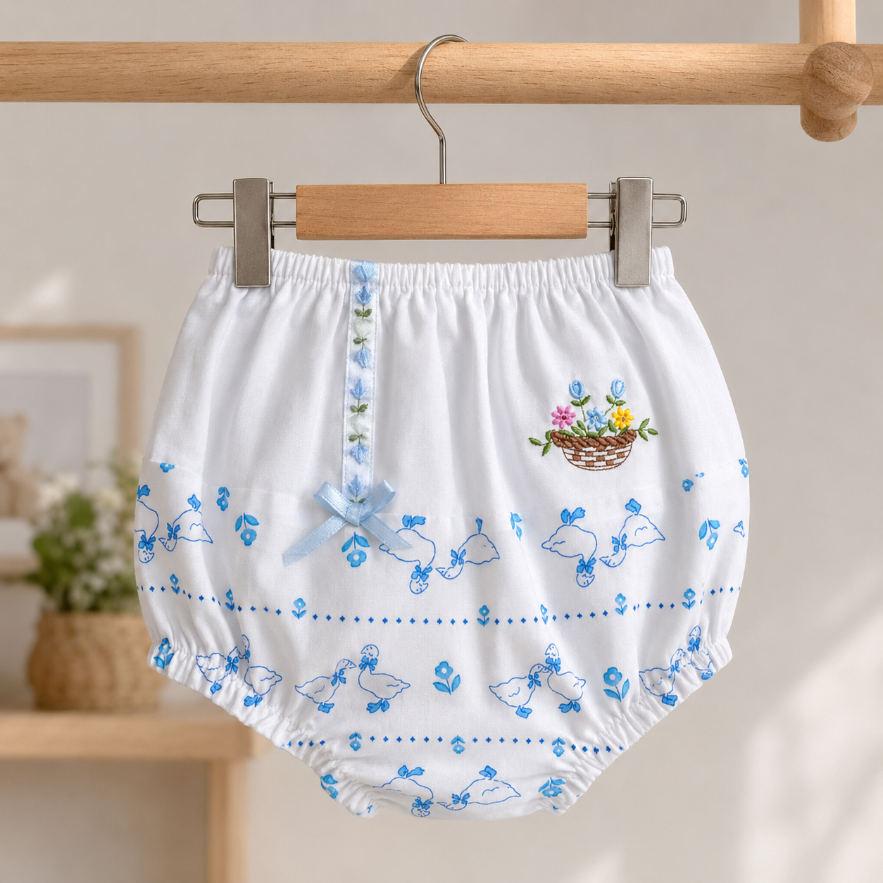 Baby Girls White & Blue All-Over Goose & Bow Print Flower Basket Embroidered Flutter Sleeve A-Line Dress & Bloomers 2-Piece Set