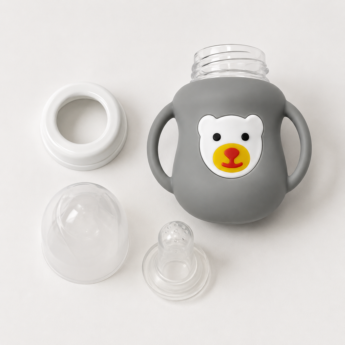 Bear Face Wide-Neck Glass Baby Bottle with Silicone Sleeve & Handles