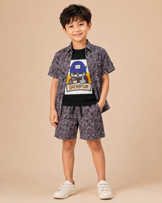 Boys Abstract Print Shirt & Shorts Co-ord Set – Grey Multi
