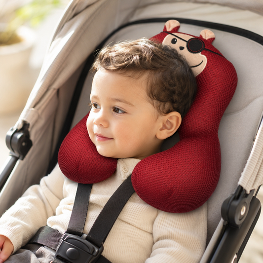 Baby Toddler Red Breathable Mesh Pirate Monkey U-Shape Head & Neck Support Travel Pillow - Baby Sitting in Pram Using Pillow