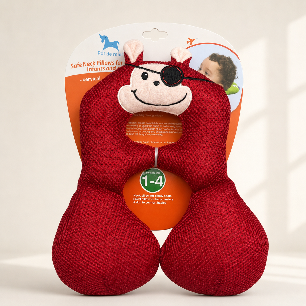 Baby Toddler Red Breathable Mesh Pirate Monkey U-Shape Head & Neck Support Travel Pillow - Product in Original Packaging showing Age 1-4 & Features