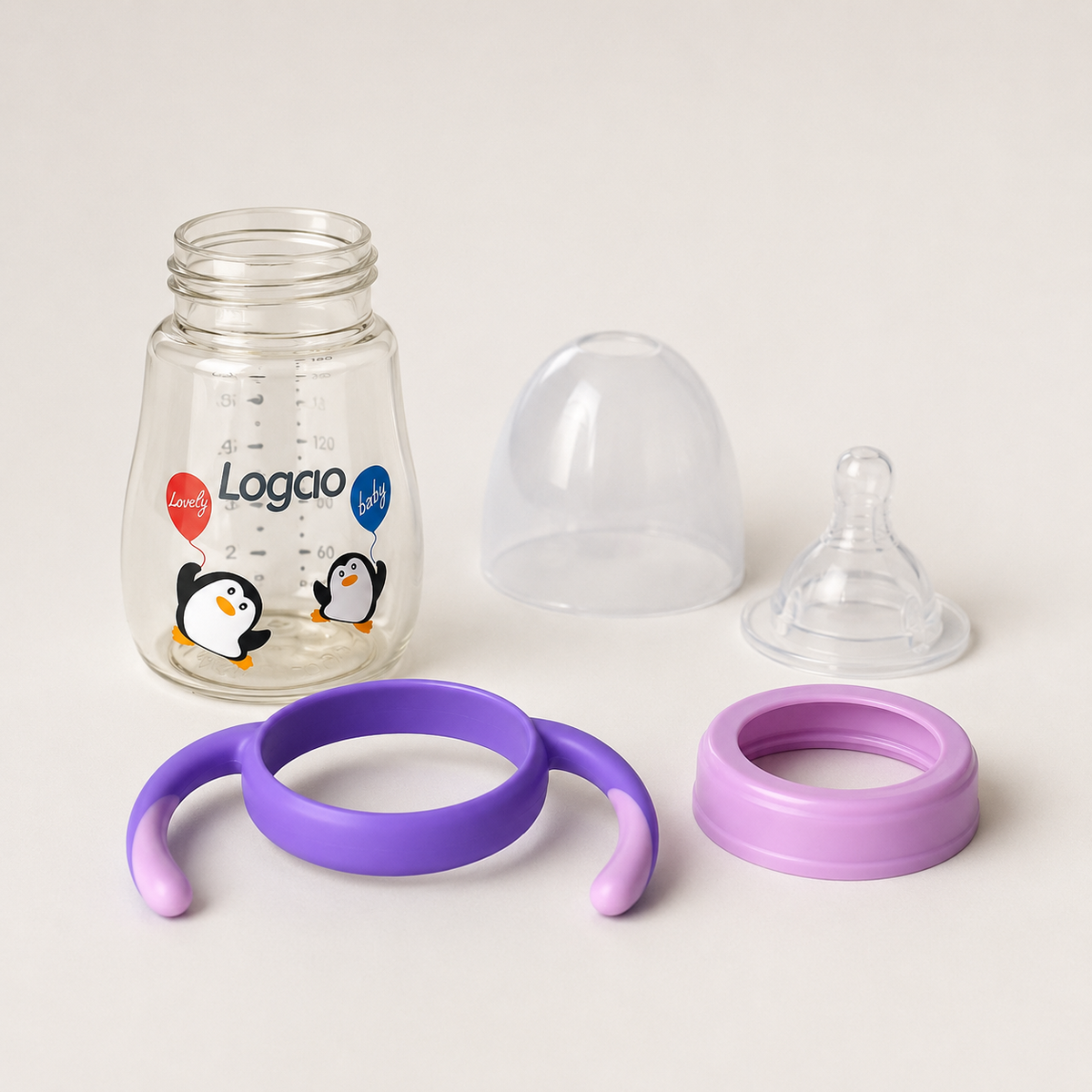 Logcio Lovely Baby Wide-Neck Glass Feeding Bottle with Handles