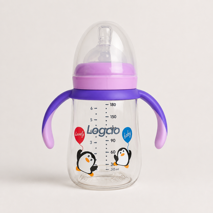 Logcio Lovely Baby Wide-Neck Glass Feeding Bottle with Handles