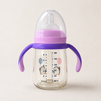 Logcio Lovely Baby Wide-Neck Glass Feeding Bottle with Handles