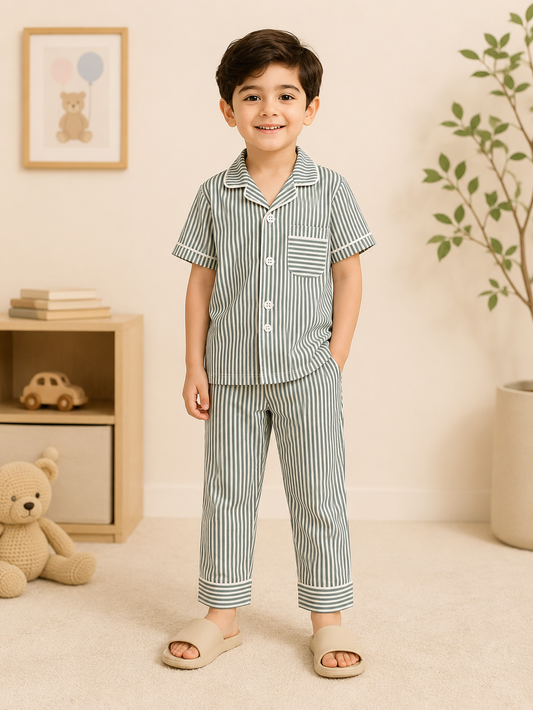 Boys Sage Green & White Stripe Pyjama Set
