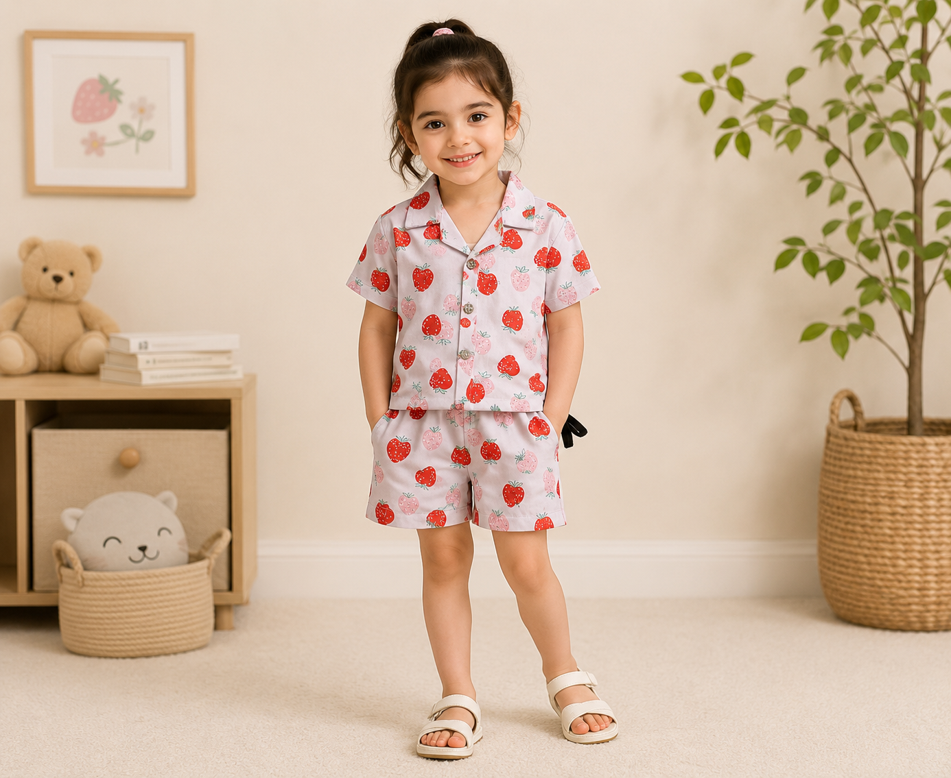 Girls Pink Strawberry Print Shirt & Shorts Co-ord Set