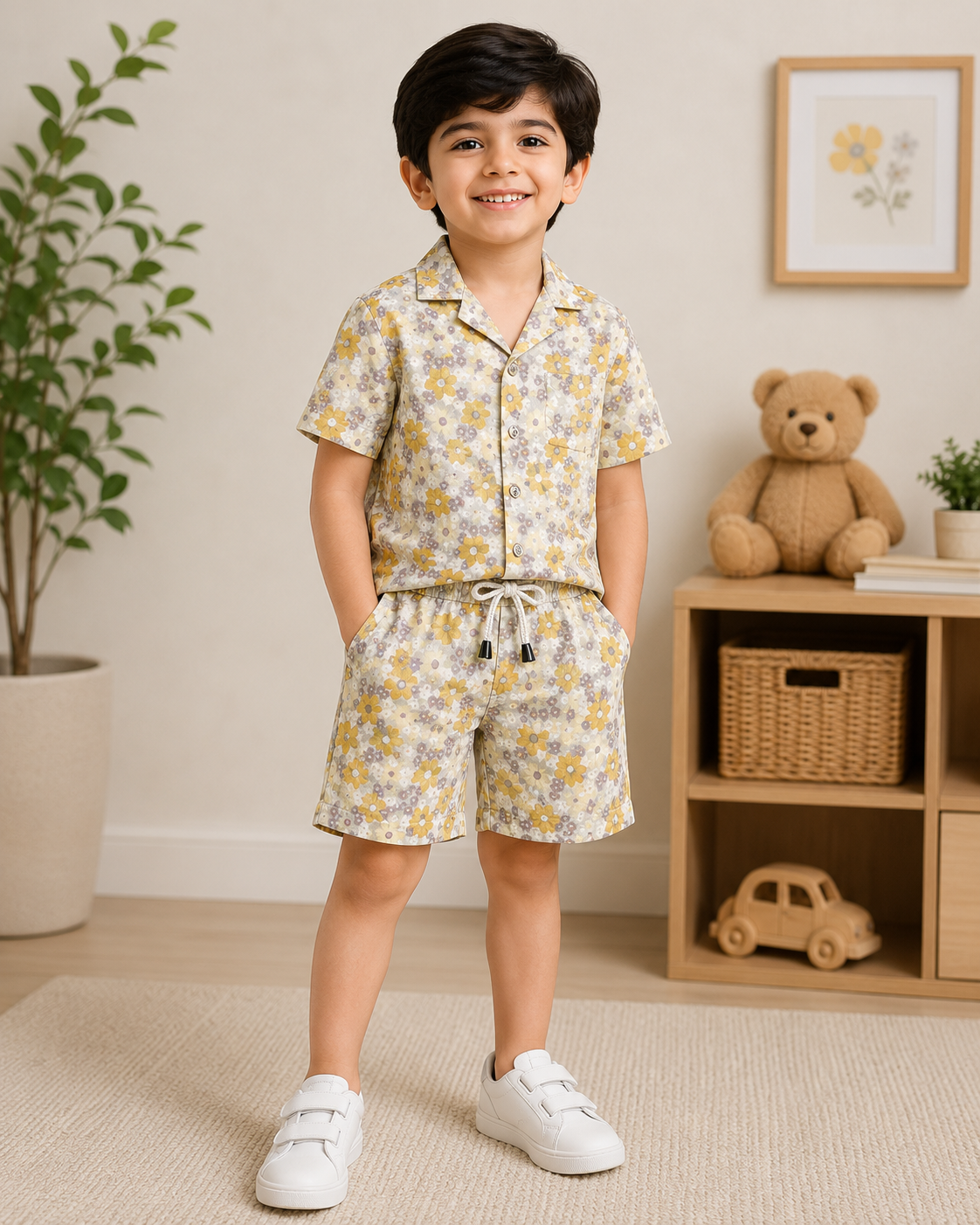 Boys Yellow & Lavender Daisy Floral Print Shirt & Shorts Co-ord Set