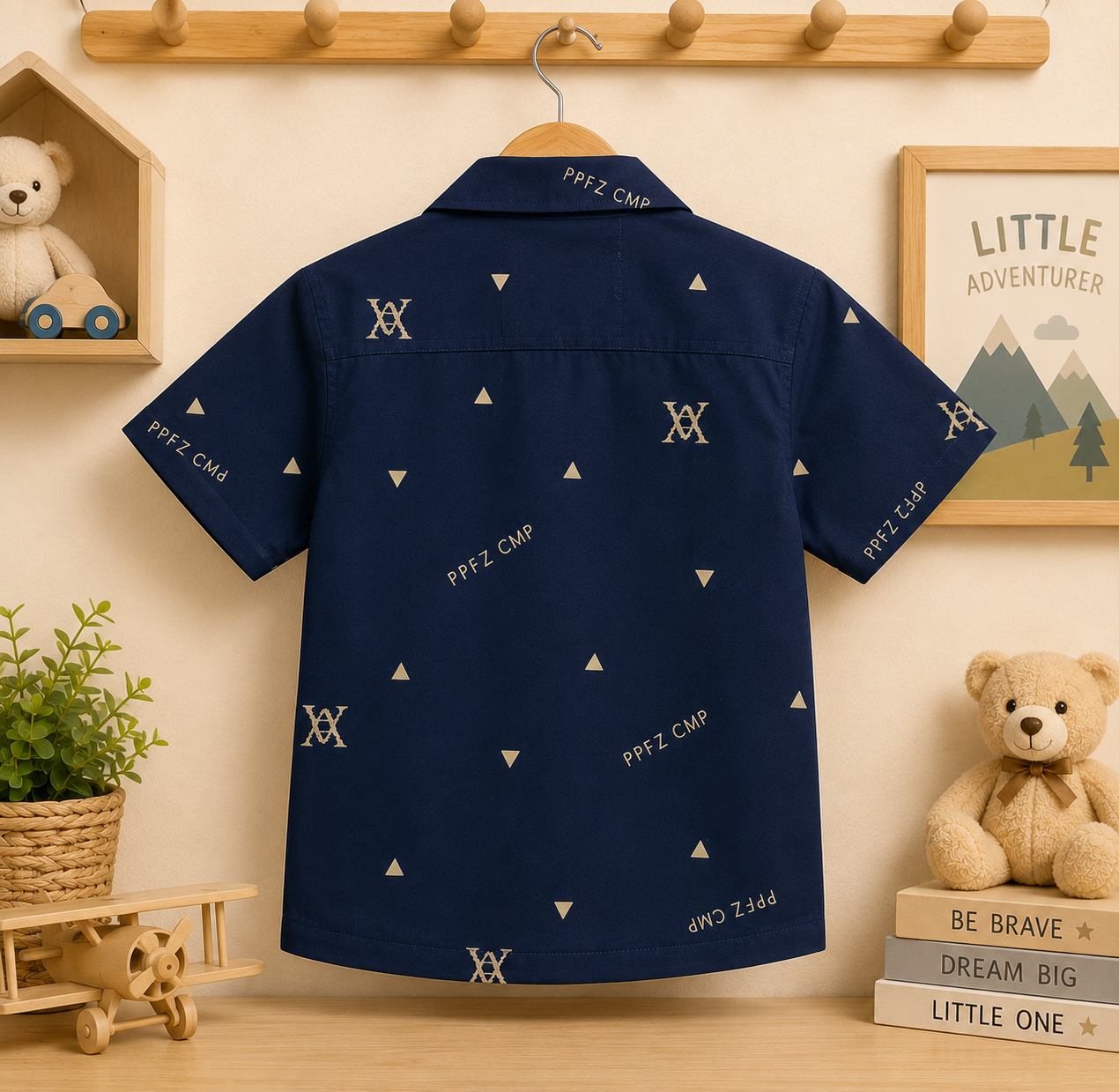 Boys Navy Blue Monogram & Triangle Print Shirt & Shorts Co-ord Set