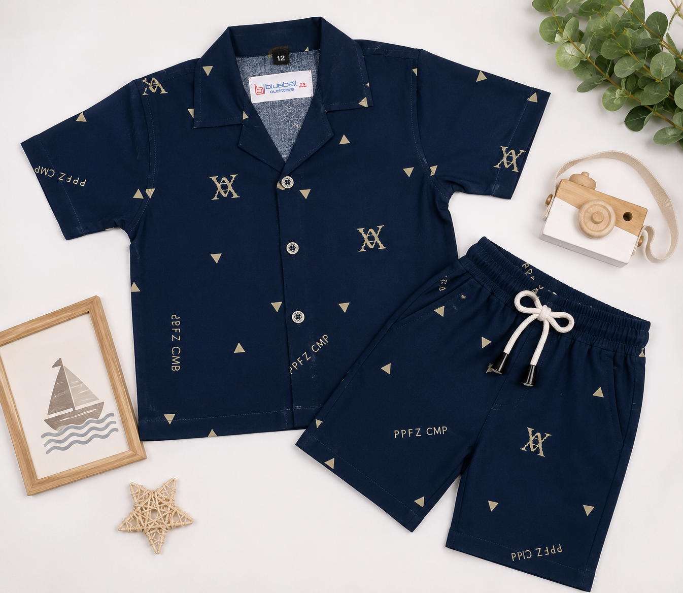 Boys Navy Blue Monogram & Triangle Print Shirt & Shorts Co-ord Set
