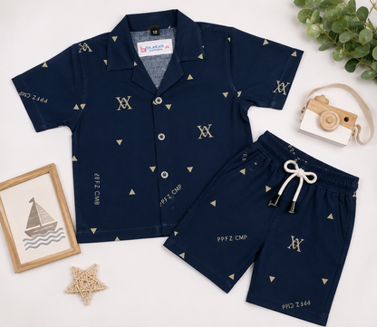 Boys Navy Blue Monogram & Triangle Print Shirt & Shorts Co-ord Set