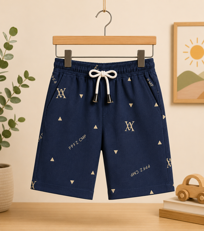 Boys Navy Blue Monogram & Triangle Print Shirt & Shorts Co-ord Set