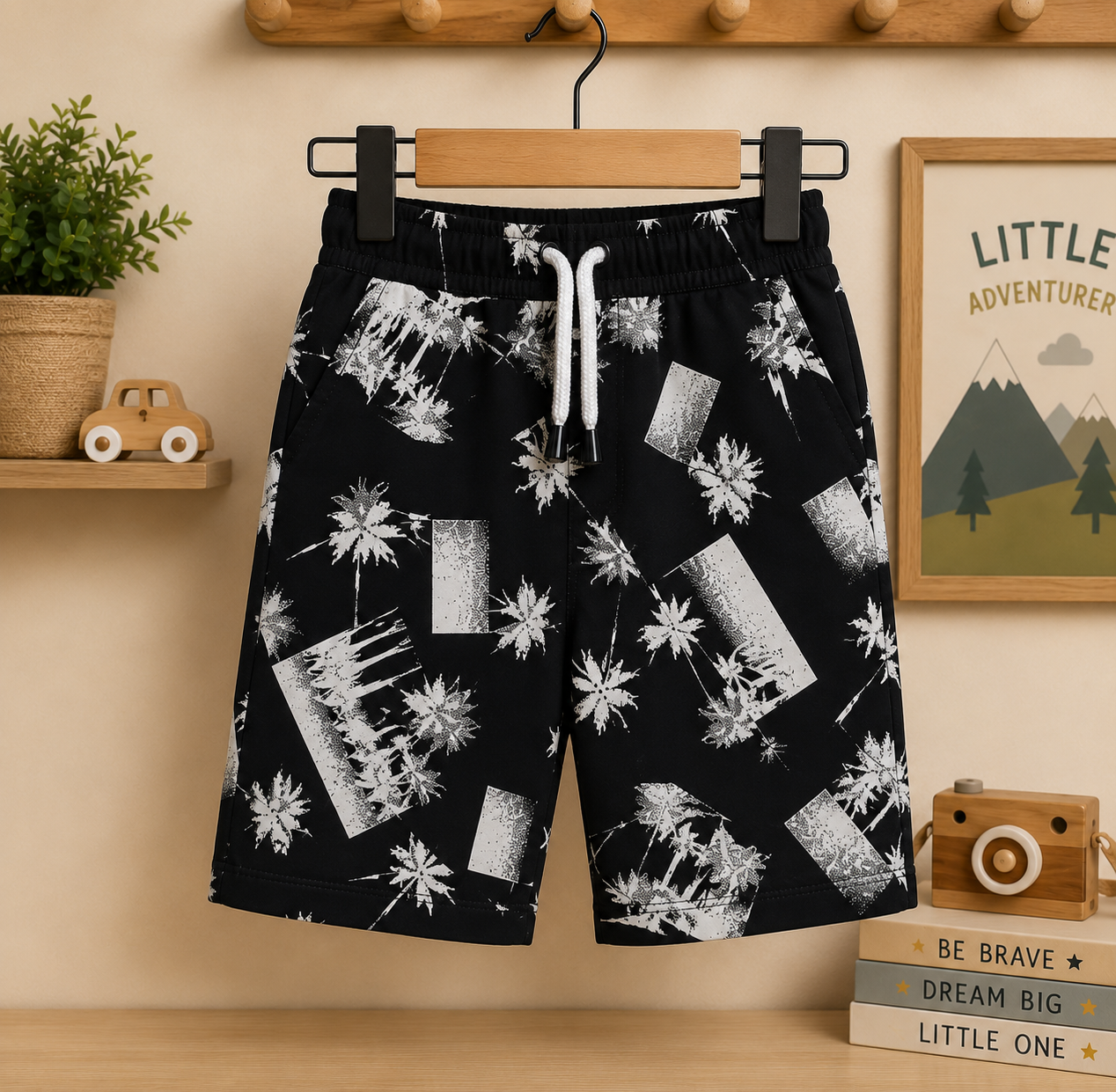 Boys Black & White Palm Tree Print Shirt & Shorts Co-ord Set