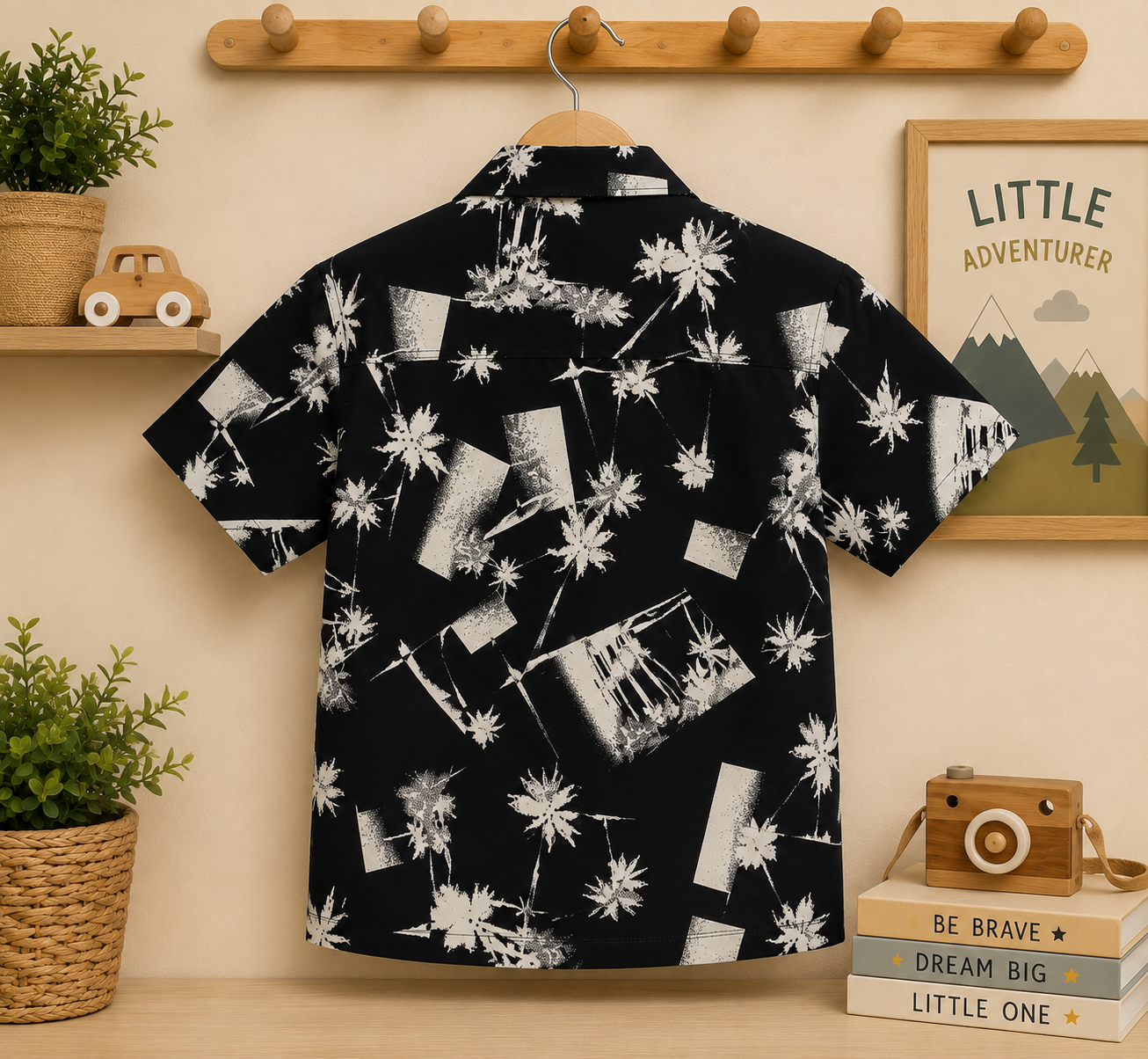 Boys Black & White Palm Tree Print Shirt & Shorts Co-ord Set