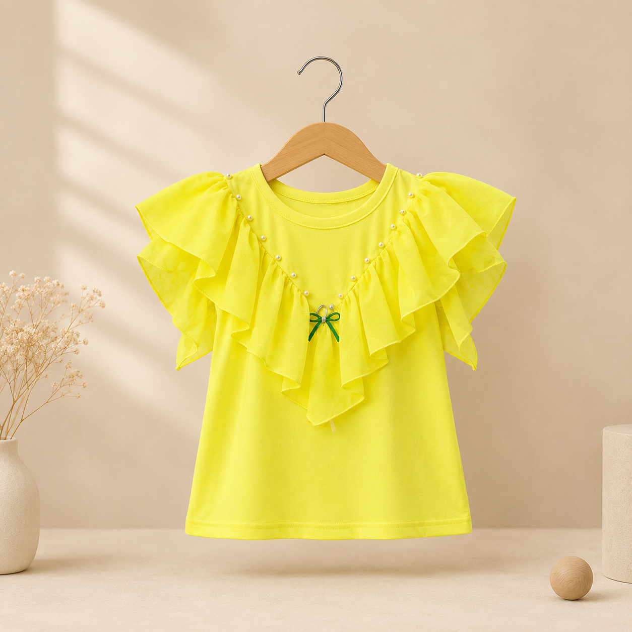 Girls Yellow Ruffle Sleeve Pearl & Bow Detail Top