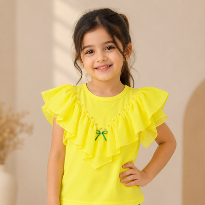 Girls Yellow Ruffle Sleeve Pearl & Bow Detail Top