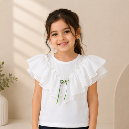 Girls White Ruffle Sleeve Pearl & Bow Detail Top