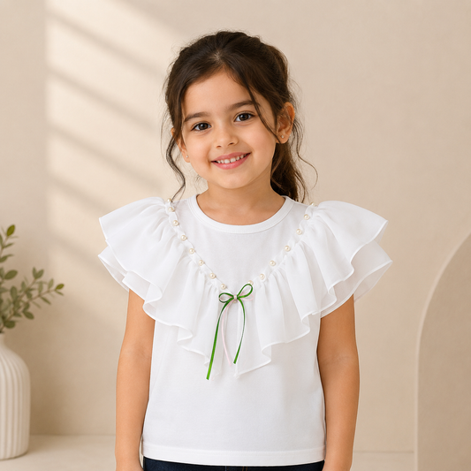 Girls White Ruffle Sleeve Pearl & Bow Detail Top