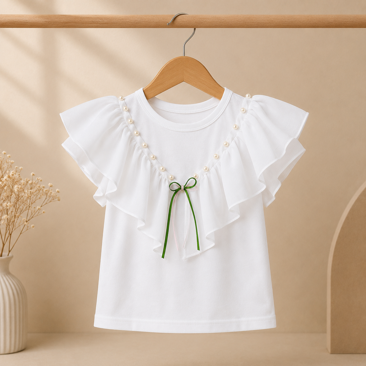 Girls White Ruffle Sleeve Pearl & Bow Detail Top