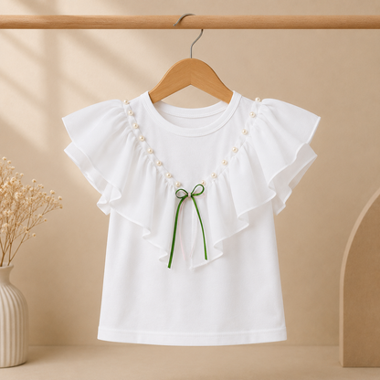 Girls White Ruffle Sleeve Pearl & Bow Detail Top