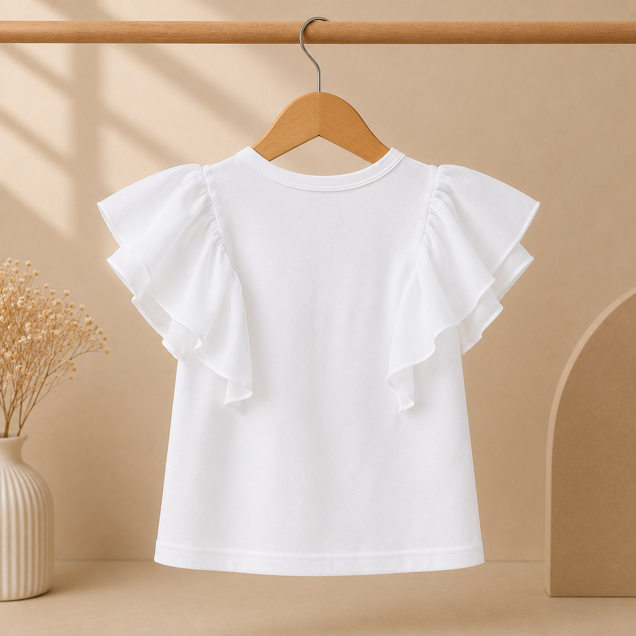 Girls White Ruffle Sleeve Pearl & Bow Detail Top