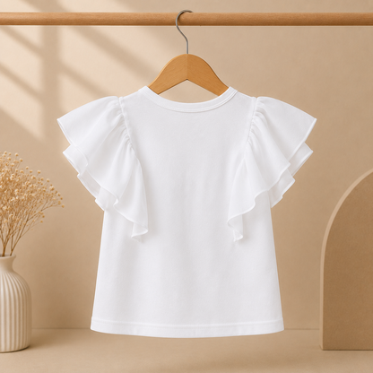 Girls White Ruffle Sleeve Pearl & Bow Detail Top