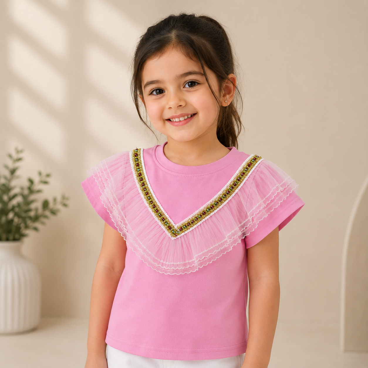 Girls Pink V-Ruffle Lace & Gold Bead Trim Top