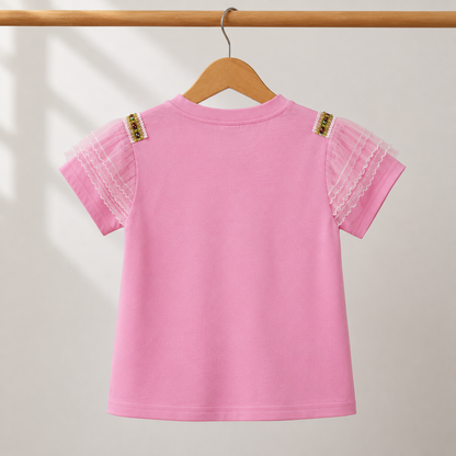 Girls Pink V-Ruffle Lace & Gold Bead Trim Top