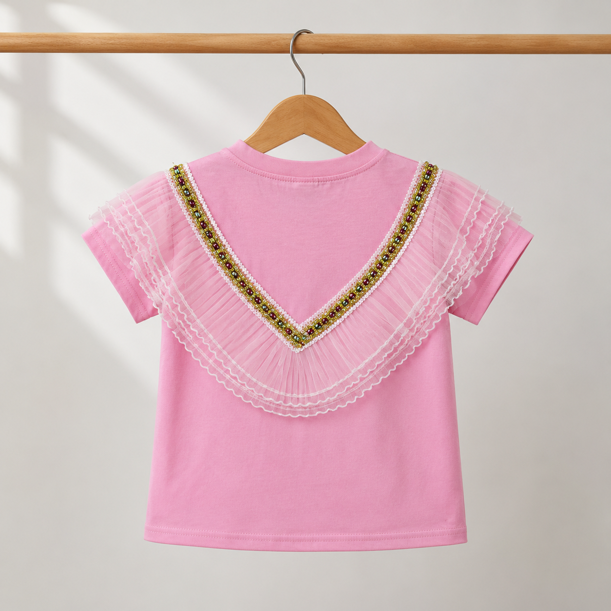 Girls Pink V-Ruffle Lace & Gold Bead Trim Top