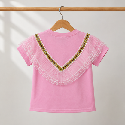 Girls Pink V-Ruffle Lace & Gold Bead Trim Top