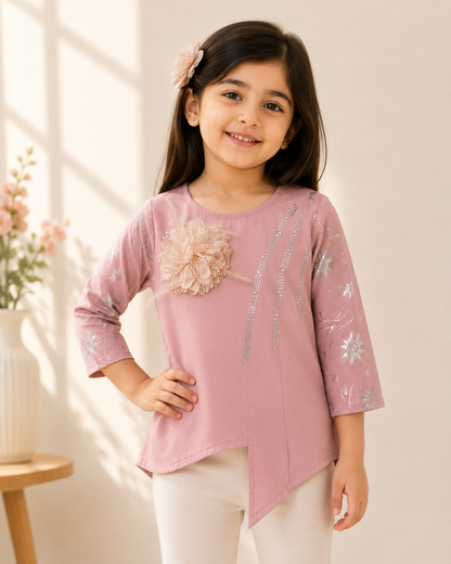 Girls Dusty Pink Celestial Print Asymmetric Top
