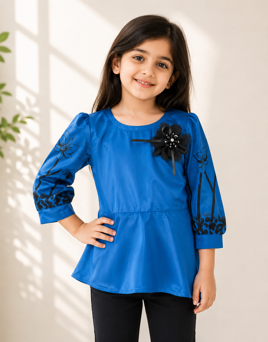 Girls’ Royal Blue Floral Peplum Top
