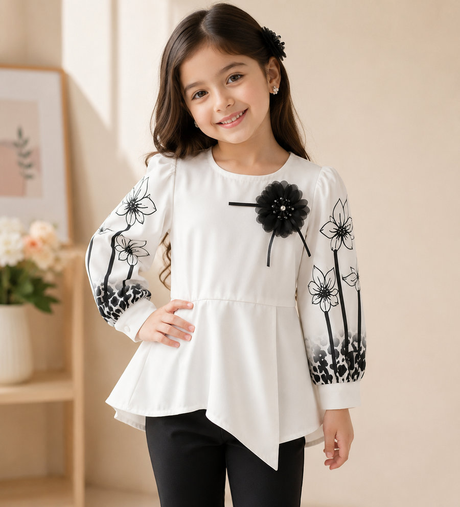 Girls White Floral Embroidered Peplum Top