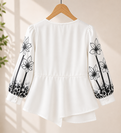 Girls White Floral Embroidered Peplum Top
