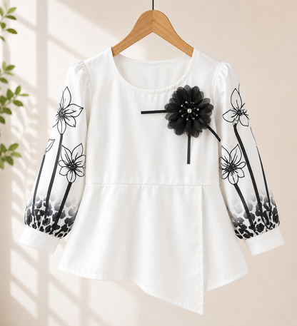 Girls White Floral Embroidered Peplum Top