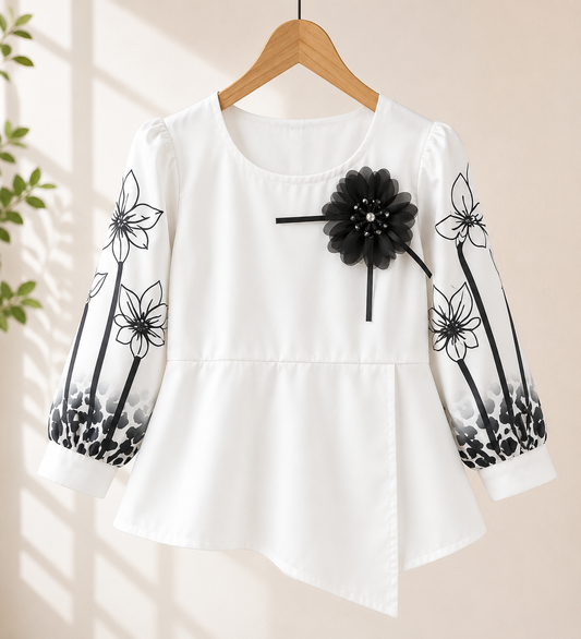 Girls White Floral Embroidered Peplum Top