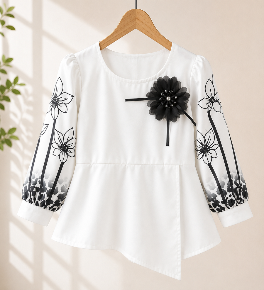 Girls White Floral Embroidered Peplum Top