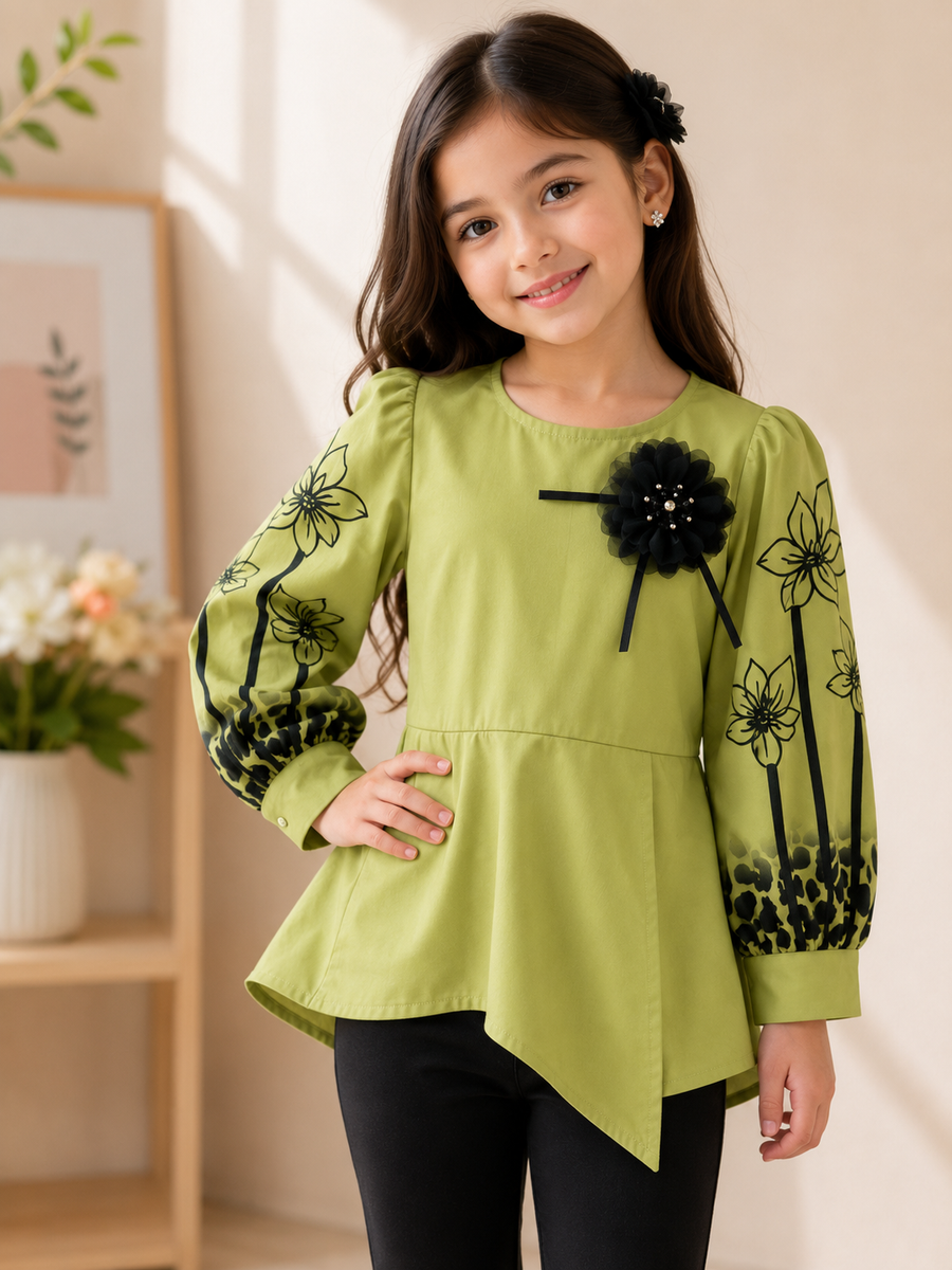 Girls Olive Green Floral Embroidered Peplum Top