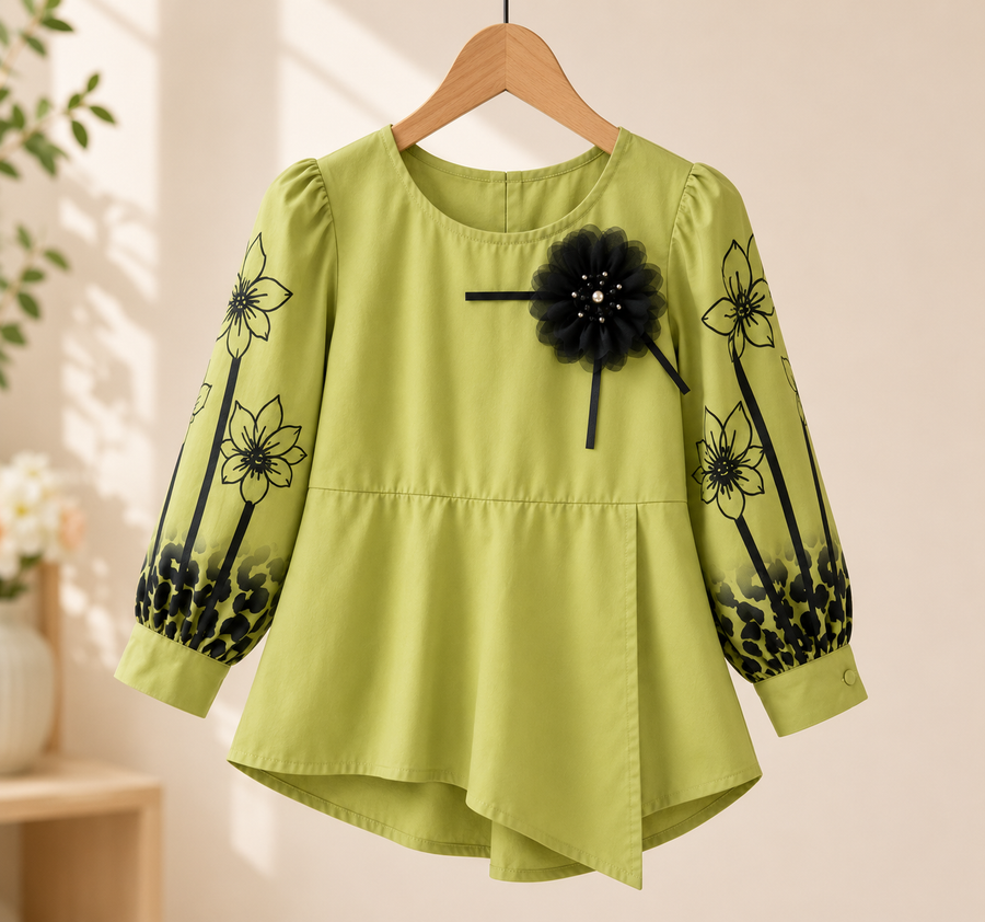Girls Olive Green Floral Embroidered Peplum Top