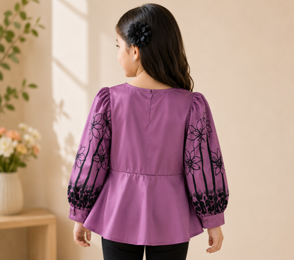 Girls Purple Floral Embroidered Peplum Top