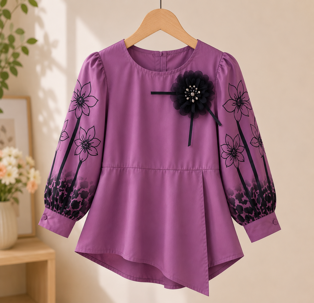 Girls Purple Floral Embroidered Peplum Top