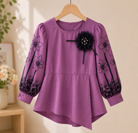 Girls Purple Floral Embroidered Peplum Top