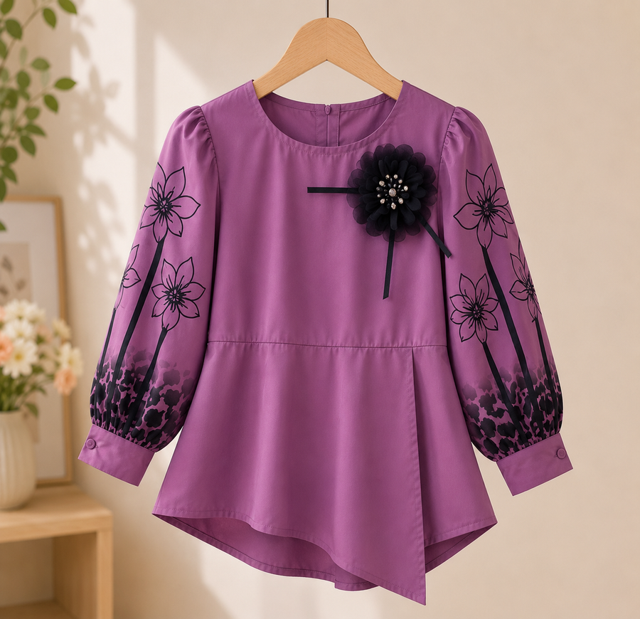 Girls Purple Floral Embroidered Peplum Top